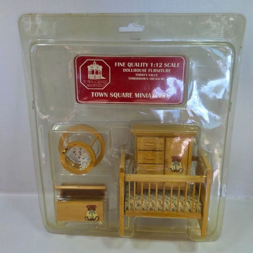 Town Square Miniatures 1:12 Scale 4 Pc Set Nursery Crib Dresser Walker Toy Chest